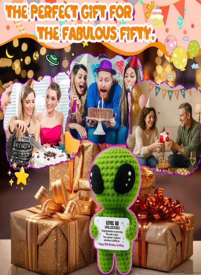 MAMAGIFTREE Happy 50th Birthday Milestone Keepsake - Handmade Crochet Alien Plush Doll with Funny Space-Themed Message - Unique 50 Years Old Gift for Him Her Friend or Family - Image 5
